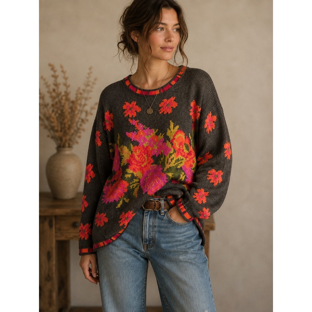 90s Cottagecore 3D Floral Hand Knit Sweater L Boho Grannycore Express